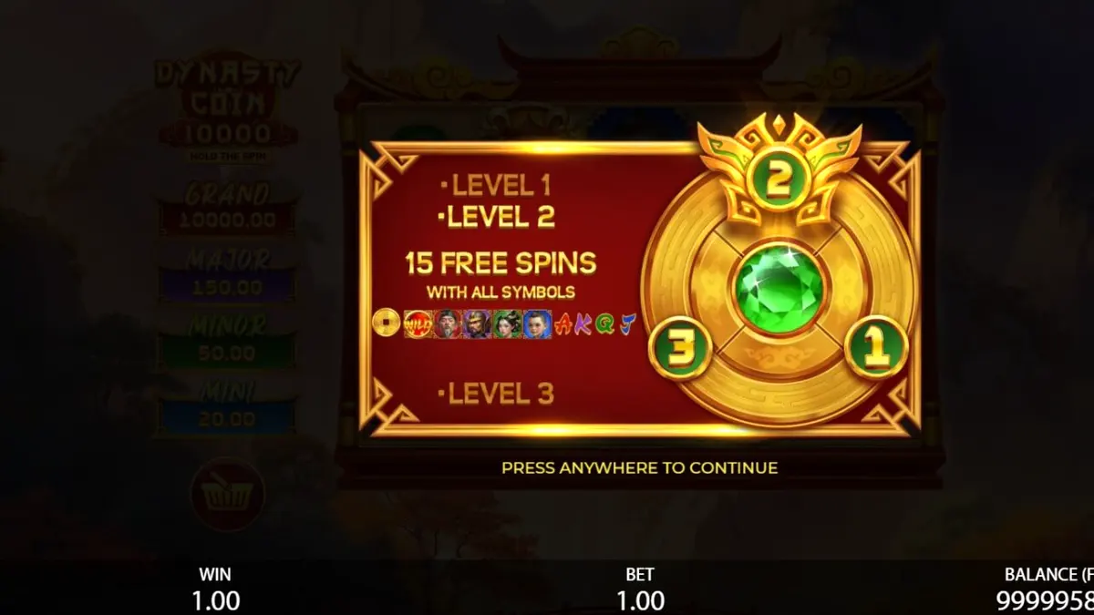 Tampilan antarmuka seluler slot Dynasty Coin 10,000 dengan latar belakang kekaisaran Tiongkok