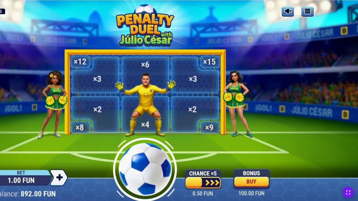 Tampilan antarmuka permainan Penalty Duel dengan Júlio César